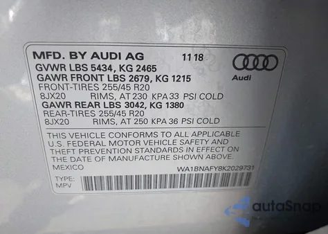 2019 Audi Q5 45 Premium z USA, uszkodzony, nr VIN WA1BNAFY8K2029731